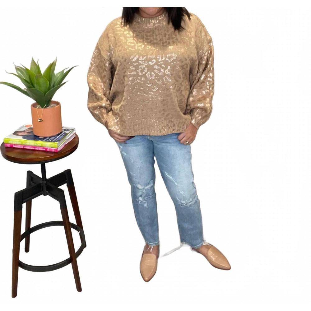 NEW AND THE WHY metallic rose gold taupe leopard print balloon sleeve sweater in